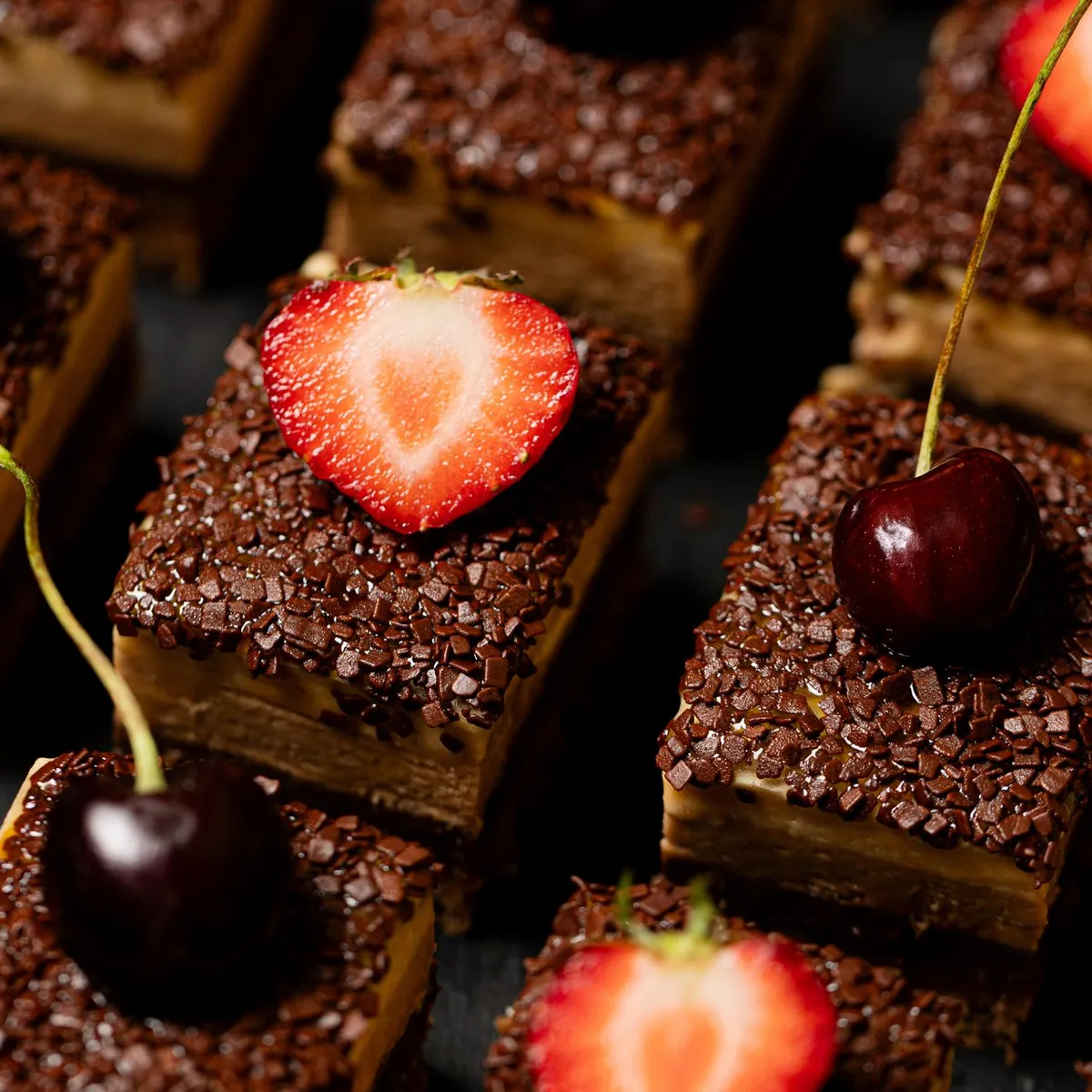 Petits carrés de dessert au chocolat garnis de fraises coupées en deux et de cerises